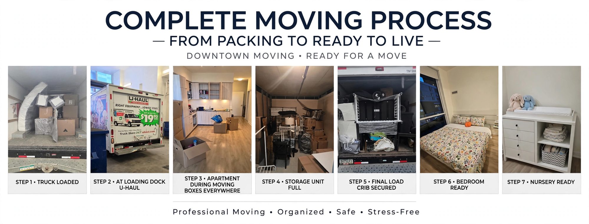 Complete moving process in 7 steps: truck loaded, loading dock, apartment during the move, storage unit, final load, bedroom and nursery ready